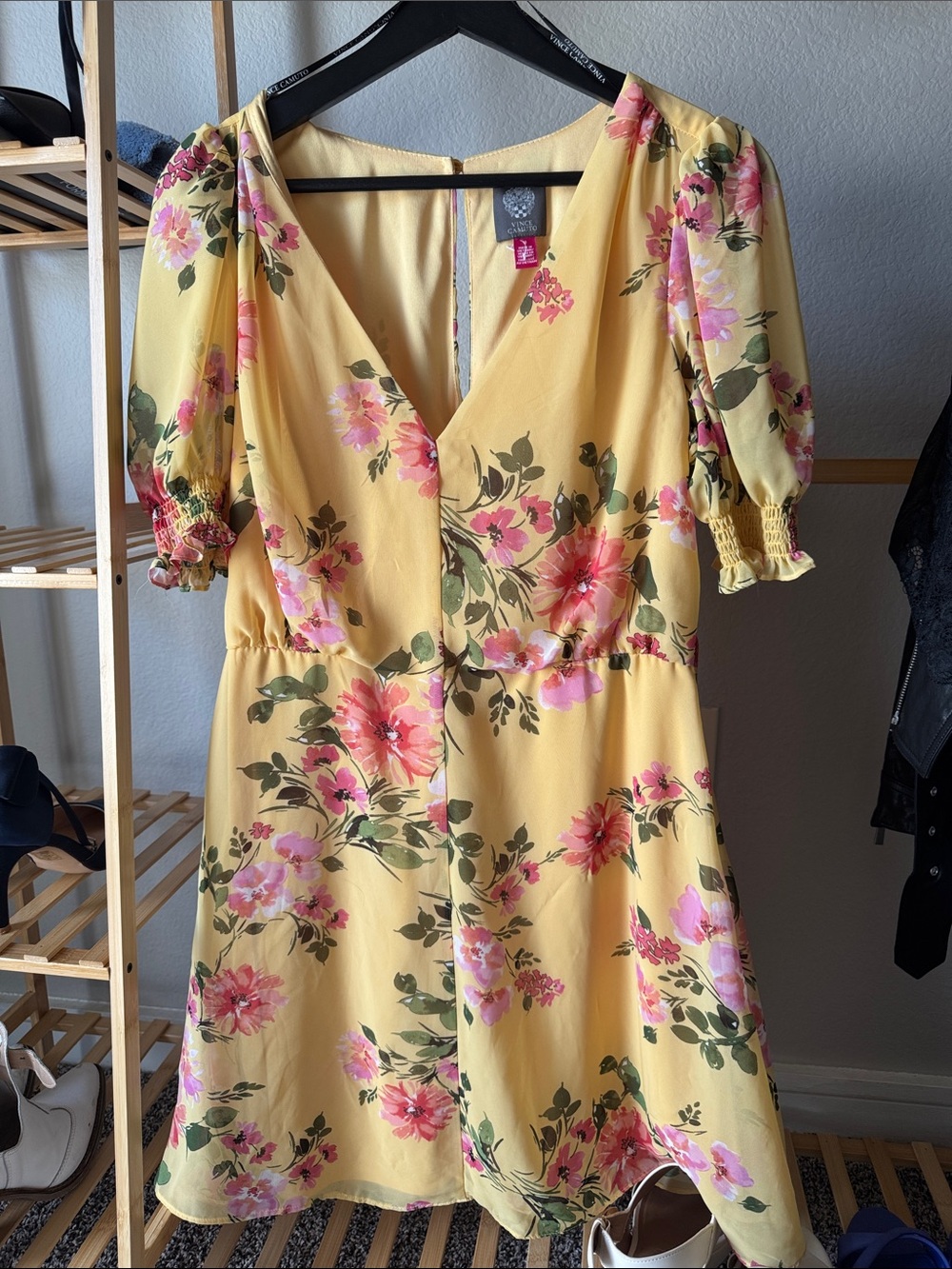 Vince Camuto Pink Floral Wrap Midi Dress - Yellow